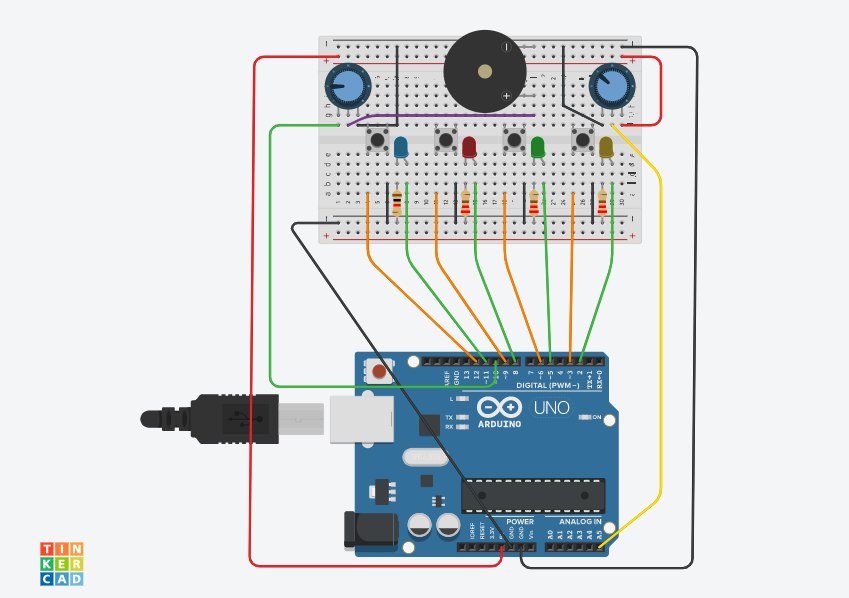 An Arduino circuit schematic that represents the physical interface of a Simon Says game