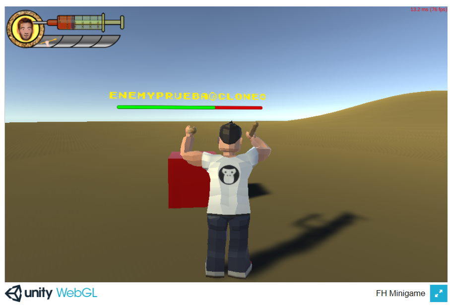 3D human character with drum sticks in an arid landscape, in front of a red cube