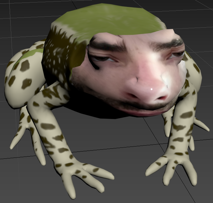 3D frog with human distorted head, with the shape of the original frog, a screenshot of the game