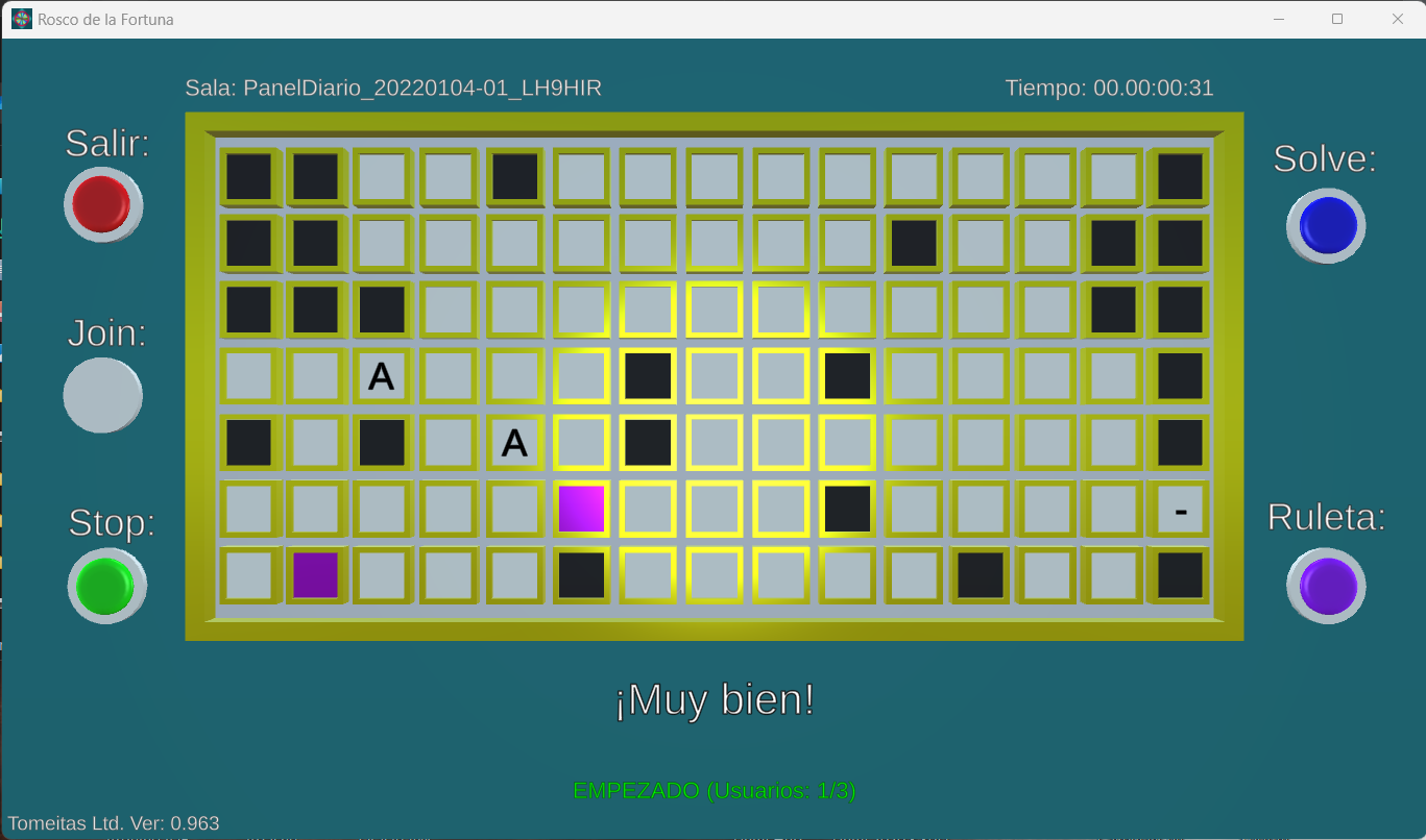 Wheel of Luck game, showing the panel with the letters to guess and some buttons for the interface